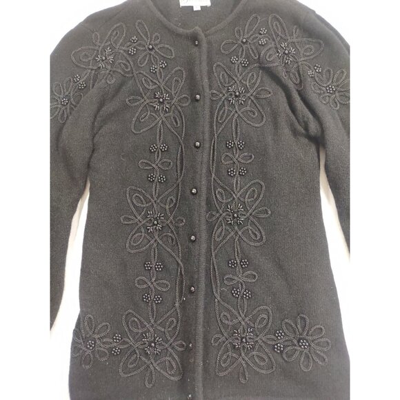 VTG Germaine Women's Beaded Embellished Black Cardigan Jacket Lambswool Angora L - Picture 4 of 5